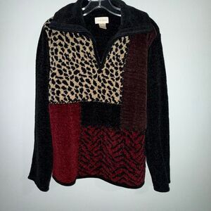 Vintage Studio Works Chenille Patchwork‎ Sweater Leopard Print Half Zip Pullover